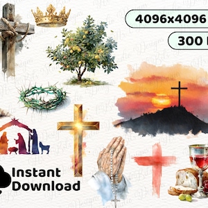 May include: A digital collection of religious watercolour illustrations including a wooden cross with rope, a gold crown, a lemon tree, a lantern, a crown of thorns, a nativity scene, a glowing cross, a sunset hill with a cross, praying hands with a rosary, a red cross, and a chalice with bread and grapes.