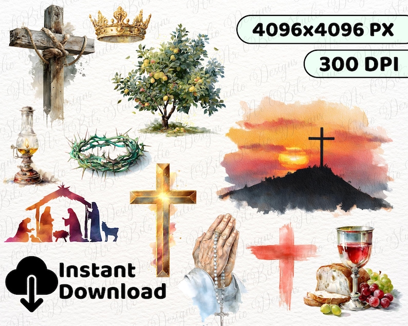 May include: A digital collection of religious watercolour illustrations including a wooden cross with rope, a gold crown, a lemon tree, a lantern, a crown of thorns, a nativity scene, a glowing cross, a sunset hill with a cross, praying hands with a rosary, a red cross, and a chalice with bread and grapes.