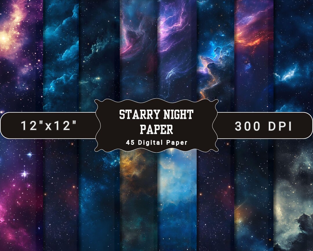 Starry Night Digital Paper, Blue Watercolor Galaxy Backgrounds ...