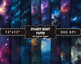 Starry Night Digital Paper, Blue Watercolor Galaxy Backgrounds, Celestial Sky Texture, Scrapbook, Craft Paper