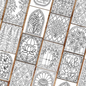 May include: A collection of black and white coloring pages featuring floral and geometric designs. Each page showcases a unique stained-glass style with detailed outlines of flowers, leaves, and patterns, perfect for creative coloring projects.