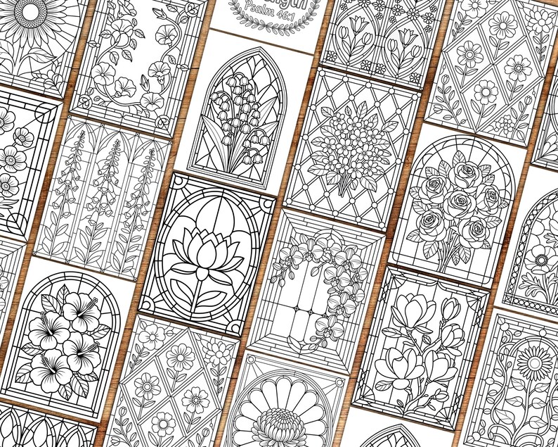 May include: A collection of black and white coloring pages featuring floral and geometric designs. Each page showcases a unique stained-glass style with detailed outlines of flowers, leaves, and patterns, perfect for creative coloring projects.