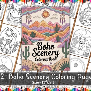 May include: A "Boho Scenery Coloring Book" with 52 pages, size 11" x 8.5", featuring a colorful cover with a desert landscape and cacti. The book is surrounded by other coloring pages with various illustrations.