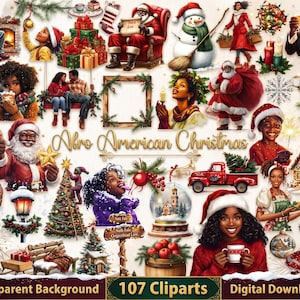 May include: A collection of 107 digital Christmas-themed cliparts featuring Black individuals, Santa Claus, snowmen, decorated trees, gifts, a red truck, gingerbread houses, and festive decor with the text Afro American Christmas.