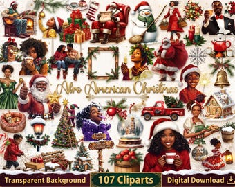 May include: A collection of 107 digital Christmas-themed cliparts featuring Black individuals, Santa Claus, snowmen, decorated trees, gifts, a red truck, gingerbread houses, and festive decor with the text Afro American Christmas.
