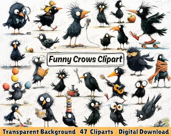 Imágenes prediseñadas de cuervos divertidos, pájaro peculiar PNG, cuervo negro caprichoso, animal divertido, descarga instantánea