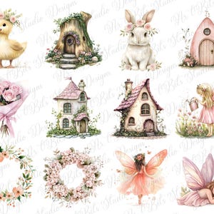 May include: Watercolor illustrations of whimsical fairy tale elements. Includes a yellow duckling with a floral crown, a white rabbit with a flower crown, fairy houses, fairies, a bouquet of pink roses, and floral wreaths. The designs are soft and pastel-colored.