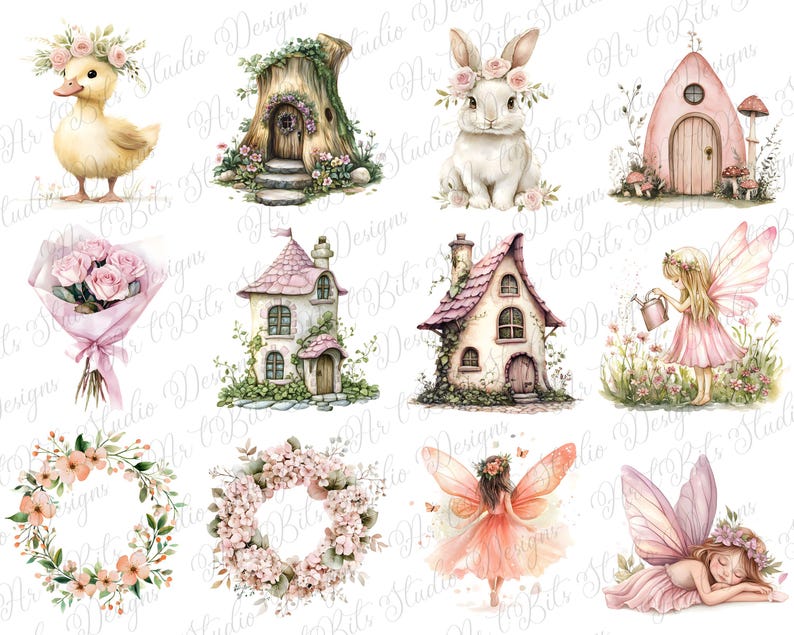 May include: Watercolor illustrations of whimsical fairy tale elements. Includes a yellow duckling with a floral crown, a white rabbit with a flower crown, fairy houses, fairies, a bouquet of pink roses, and floral wreaths. The designs are soft and pastel-colored.