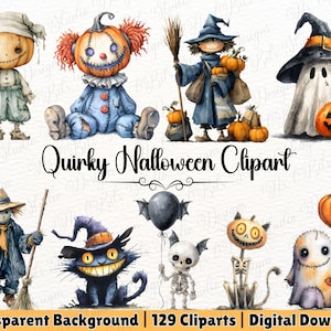 Pode incluir: Uma coleção de ilustrações de clipart com tema de Halloween. As imagens incluem um espantalho, uma bruxa, um fantasma, um gato preto e outros personagens assustadores. O texto "Quirky Halloween Clipart" é exibido.