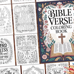 May include: A collection of Bible verse coloring pages and a coloring book. The coloring book cover features the text "BIBLE VERSE COLORING BOOK" with an open book and cross illustration. The pages have floral borders and inspirational quotes.