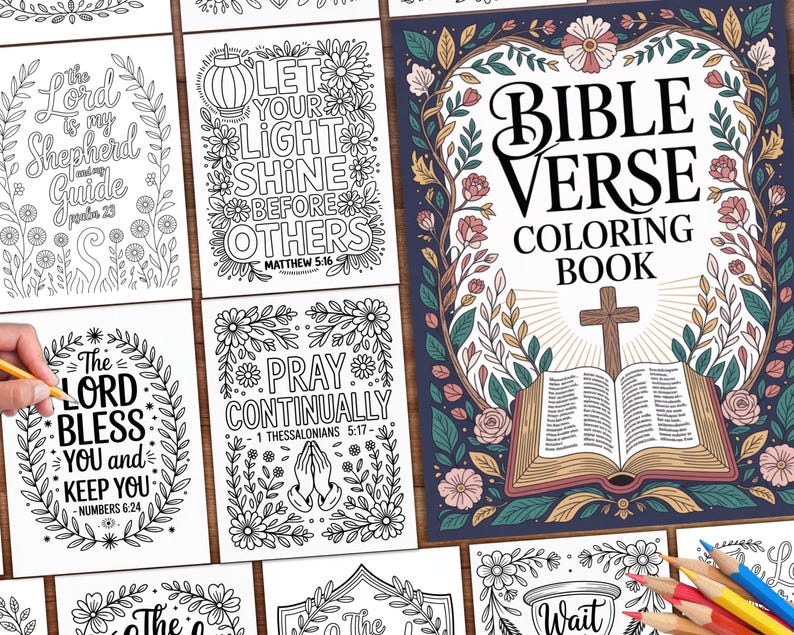 May include: A collection of Bible verse coloring pages and a coloring book. The coloring book cover features the text "BIBLE VERSE COLORING BOOK" with an open book and cross illustration. The pages have floral borders and inspirational quotes.