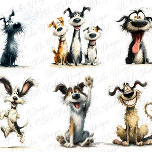 May include: Watercolor illustrations of several cartoon dogs in various poses. The dogs have exaggerated features and expressions, with a range of colors including black, brown, and white. The style is whimsical and playful, suitable for children's decor.