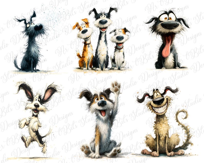 May include: Watercolor illustrations of several cartoon dogs in various poses. The dogs have exaggerated features and expressions, with a range of colors including black, brown, and white. The style is whimsical and playful, suitable for children's decor.