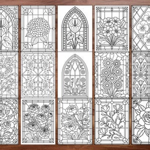 May include: A collection of fifteen black and white floral designs, resembling stained glass windows. Each design features a different flower arrangement, including roses, daisies, and pansies, with intricate line work. The designs are rectangular and arranged in a grid.