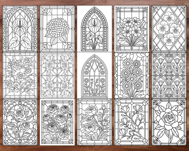 May include: A collection of fifteen black and white floral designs, resembling stained glass windows. Each design features a different flower arrangement, including roses, daisies, and pansies, with intricate line work. The designs are rectangular and arranged in a grid.