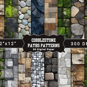 May include: A digital paper set featuring various cobblestone path patterns. The image displays a collection of 12"x12" designs, including stone textures, mossy bricks, and pebble arrangements. The text indicates 30 digital papers at 300 DPI.