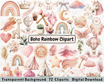 Boho Rainbow Watercolor Clipart, Pastel Rainbows PNG, Baby Shower, Boho Sun, Instant Download