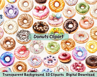 Imágenes prediseñadas de donas en acuarela, dulces de panadería, fiesta de cumpleaños con temática de donas, baby shower de verano, uso comercial.