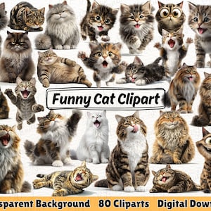 May include: A selection of 20 cartoon cat clip art images in various poses and expressions. The cats are in different colours and patterns, including tabby, calico, and solid colours. The text "Funny Cat Clipart" is displayed in a black rectangle.