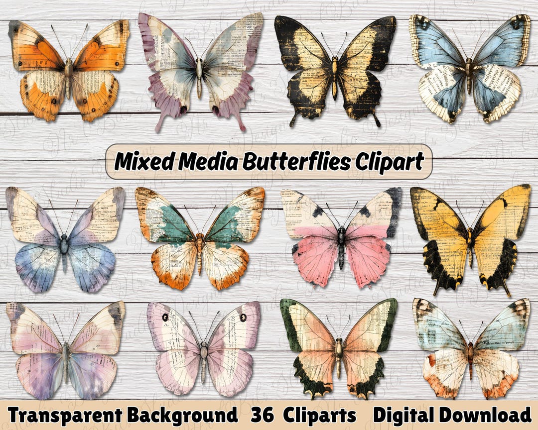 Mixed Media Butterfly Clipart Bundle, Vintage Grunge Watercolor ...