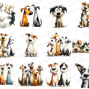 May include: A collection of watercolor illustrations featuring various cartoon dogs in different poses and expressions. The dogs are depicted in a variety of colors, including brown, black, white, and orange, with expressive eyes and playful attitudes. The illustrations are set against a white background.