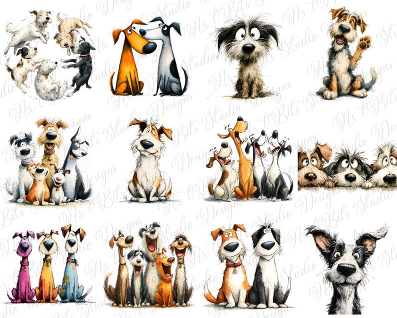 May include: A collection of watercolor illustrations featuring various cartoon dogs in different poses and expressions. The dogs are depicted in a variety of colors, including brown, black, white, and orange, with expressive eyes and playful attitudes. The illustrations are set against a white background.