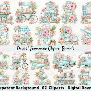Pastel Summer Clipart Bundle, Watercolor Beach Elements, Cottagecore Summer Graphics, Seashells, Sandcastle, Commercial Use