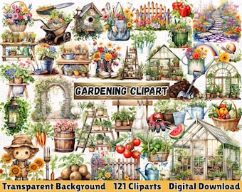 Clipart di giardinaggio, clipart di attrezzi da giardino, grafica primaverile, fiori png, pacchetto di fioriere, download istantaneo