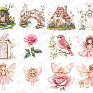 May include: Watercolor illustrations of fairy houses, a bridge, a rose, a bird, and fairies in shades of pink and green. The images have a whimsical, storybook style, with delicate details and soft colors, perfect for crafting projects.
