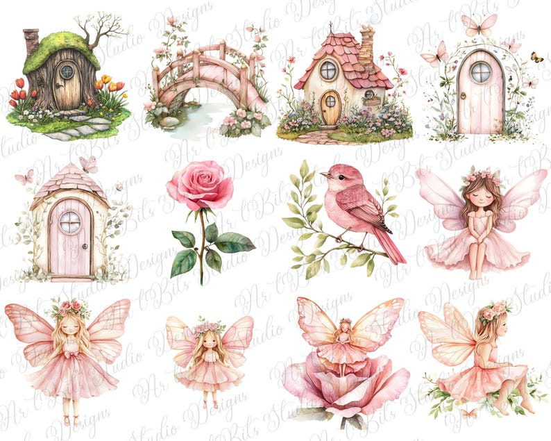 May include: Watercolor illustrations of fairy houses, a bridge, a rose, a bird, and fairies in shades of pink and green. The images have a whimsical, storybook style, with delicate details and soft colors, perfect for crafting projects.