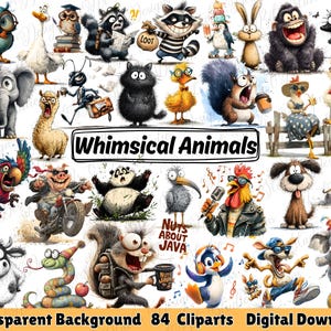 Könnte beinhalten: Eine Sammlung von 84 skurrilen Tier-Cliparts auf transparentem Hintergrund. Die Illustrationen umfassen eine Eule, einen Waschbären, einen Gorilla und andere Tiere. Der Text "Whimsical Animals" wird in einem weißen Feld angezeigt. Der Satz "Nuts About Java" ist ebenfalls sichtbar.