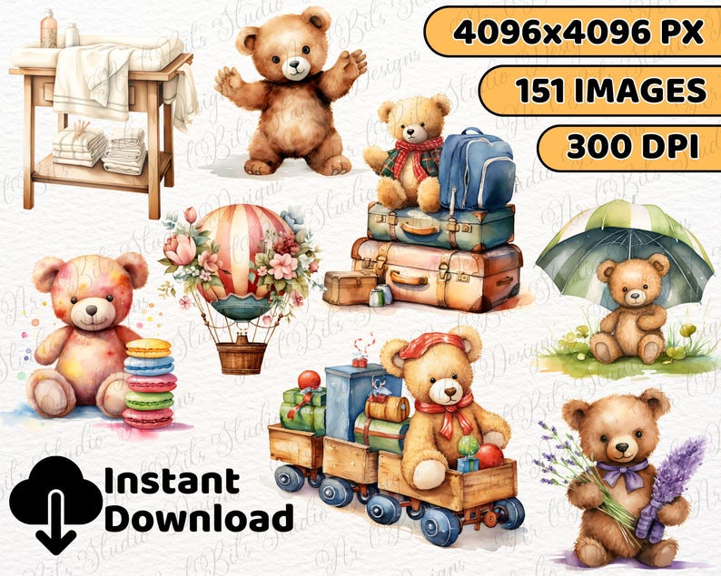 Watercolor Teddy Bear Clipart Bundle, Boho Baby Shower Clipart, Beige ...