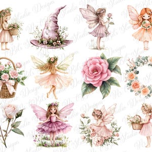 May include: Watercolor illustrations of fairies, flowers, and a witch's hat. The fairies are depicted with delicate wings and dresses in shades of pink and peach. Floral elements include roses, a wreath, and a basket of flowers. The style is soft and whimsical.