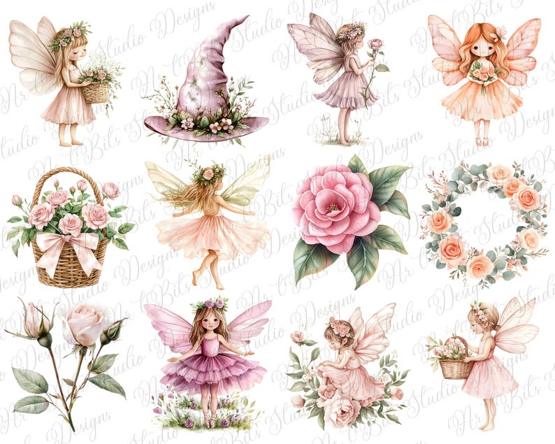 May include: Watercolor illustrations of fairies, flowers, and a witch's hat. The fairies are depicted with delicate wings and dresses in shades of pink and peach. Floral elements include roses, a wreath, and a basket of flowers. The style is soft and whimsical.