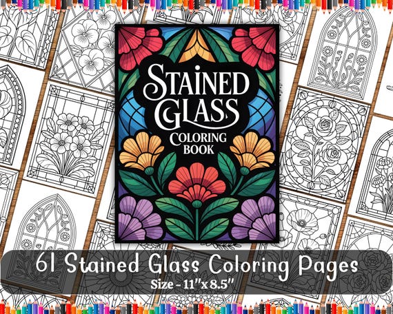 Stained Glass Flower Coloring Pages, Adult Coloring Book, Floral Grayscale, Stress Relief Art