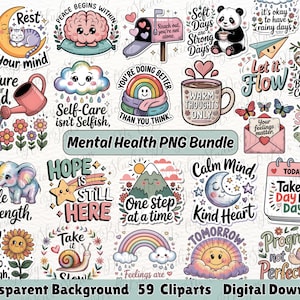 Könnte beinhalten: Ein digitales Download-Bundle mit 59 Cliparts zum Thema psychische Gesundheit. Die Sammlung umfasst Illustrationen eines Gehirns, eines Pandas, eines Regenbogens und andere motivierende Bilder mit Text wie "Take it Day by Day".