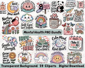 Funny Mental Health PNG Bundle, Therapy Stickers, Self Care Art (Digital Download)