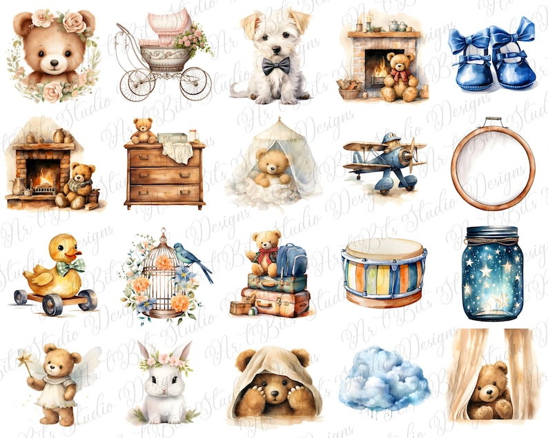Watercolor Teddy Bear Clipart Bundle, Boho Baby Shower Clipart, Beige ...