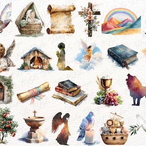 May include: A collection of watercolour religious illustrations featuring a dove, a manger, a scroll, a cross with flowers, a rainbow, a church tower, an angel, a Bible, a stone archway, books, a chalice with grapes, a lion, and Noah's ark.
