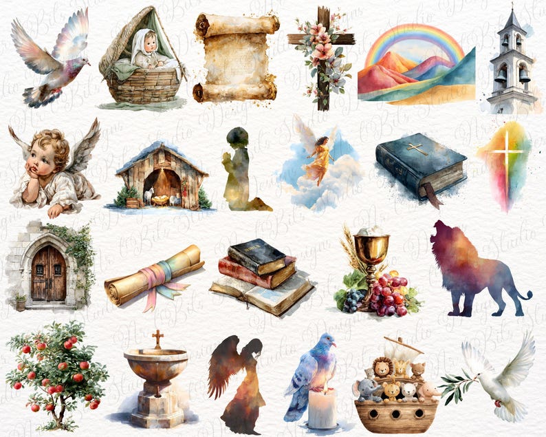 Watercolor Bible Clipart Bundle | Christian PNG Illustrations | Cross ...