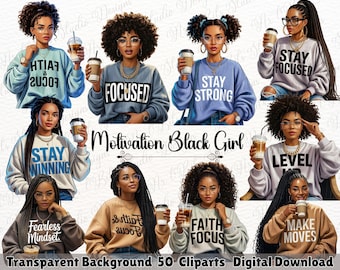 Black Girl Motivation Clipart Bundle, Inspirational Quotes PNG, Fashionable Girl, Afro Woman Motivational Graphics