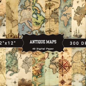 May include: A collection of antique maps, each 12" x 12", featuring detailed illustrations of continents and oceans. The maps are in various colors, including sepia, brown, and green, with compass roses and sailing ships. The text "ANTIQUE MAPS" is displayed.