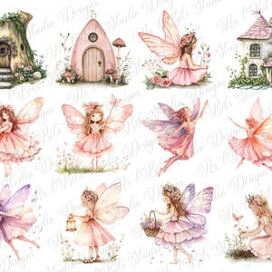 May include: Watercolor illustrations of fairies and fairy houses in soft pinks, purples, and greens. The fairies have delicate wings and are adorned with flowers. The fairy houses include a tree stump home, a pink cottage, and a stone house.