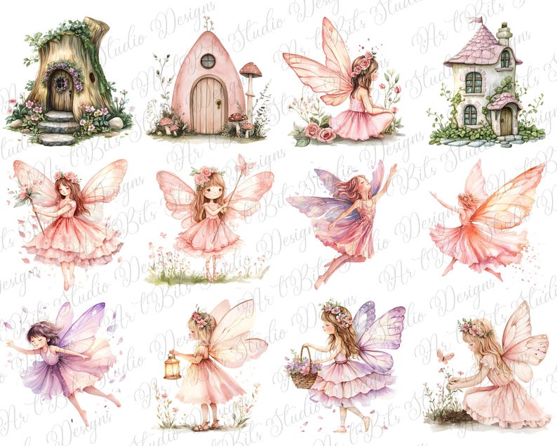 May include: Watercolor illustrations of fairies and fairy houses in soft pinks, purples, and greens. The fairies have delicate wings and are adorned with flowers. The fairy houses include a tree stump home, a pink cottage, and a stone house.