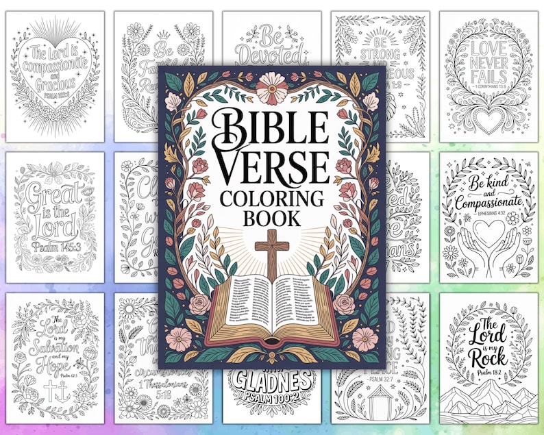 May include: A Bible Verse Coloring Book with a cross and open book illustration, surrounded by floral and leaf designs. The cover reads "Bible Verse Coloring Book". Additional pages feature inspirational quotes and floral borders.