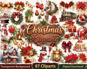 May include: A digital collection of 87 Christmas-themed clip art images featuring snowmen, a steam train, a horse, poinsettias, wrapped gifts, bells, bows, a lantern, and a house, centered around a wooden sign reading Christmas Clipart.
