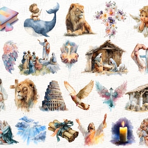 May include: A collection of watercolour illustrations featuring religious themes including a Bible, a whale with a figure, a lion, a floral cross, an angel, wings, a nativity scene, hands holding a cross, a dove, a tower, a candle, and figures.