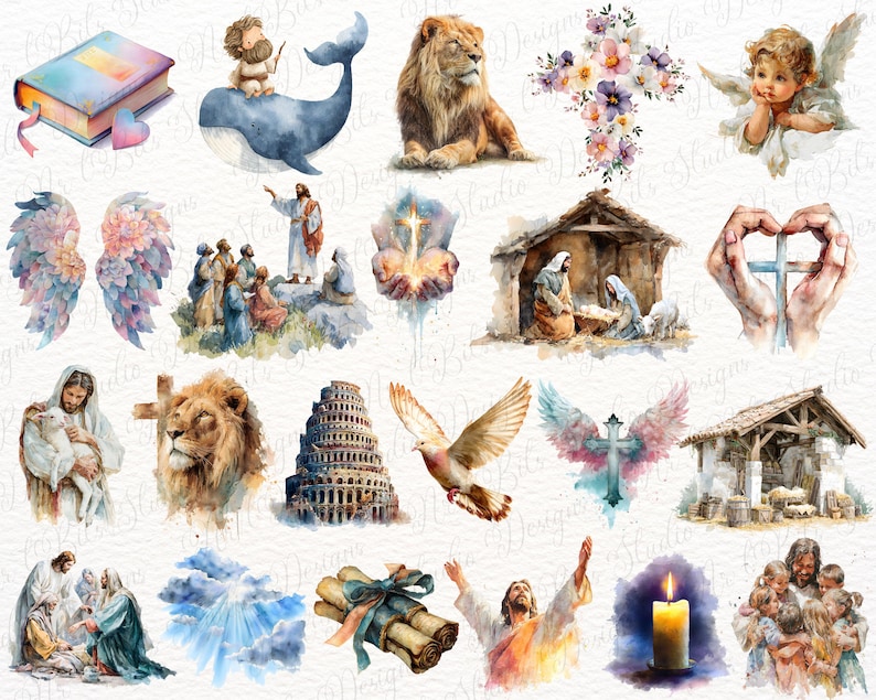May include: A collection of watercolour illustrations featuring religious themes including a Bible, a whale with a figure, a lion, a floral cross, an angel, wings, a nativity scene, hands holding a cross, a dove, a tower, a candle, and figures.