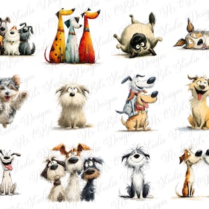 May include: A collection of whimsical dog illustrations in various poses and styles. The dogs are depicted in a cartoonish manner, with exaggerated features and expressions. The color palette includes shades of brown, beige, black, and white.