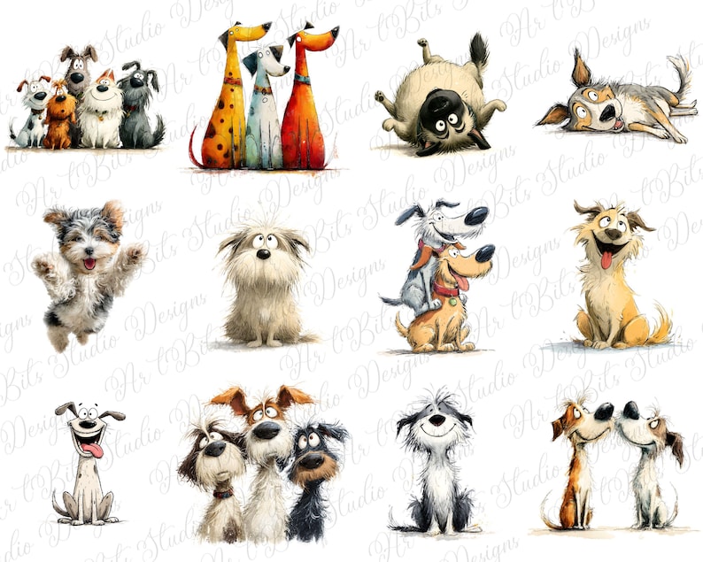 May include: A collection of whimsical dog illustrations in various poses and styles. The dogs are depicted in a cartoonish manner, with exaggerated features and expressions. The color palette includes shades of brown, beige, black, and white.